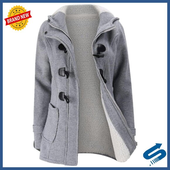 Women's Winter Fleece Hooded Jacket with Horn Buttons - Warm Thick Coat
